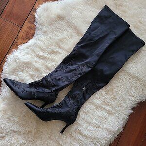 Zara Embroidered Satin Over The Knee Boots SZ 6 1/2 Black